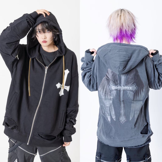 PSYNYXXチェーンクロスダメージパーカー サブカル 地雷 グランジ系