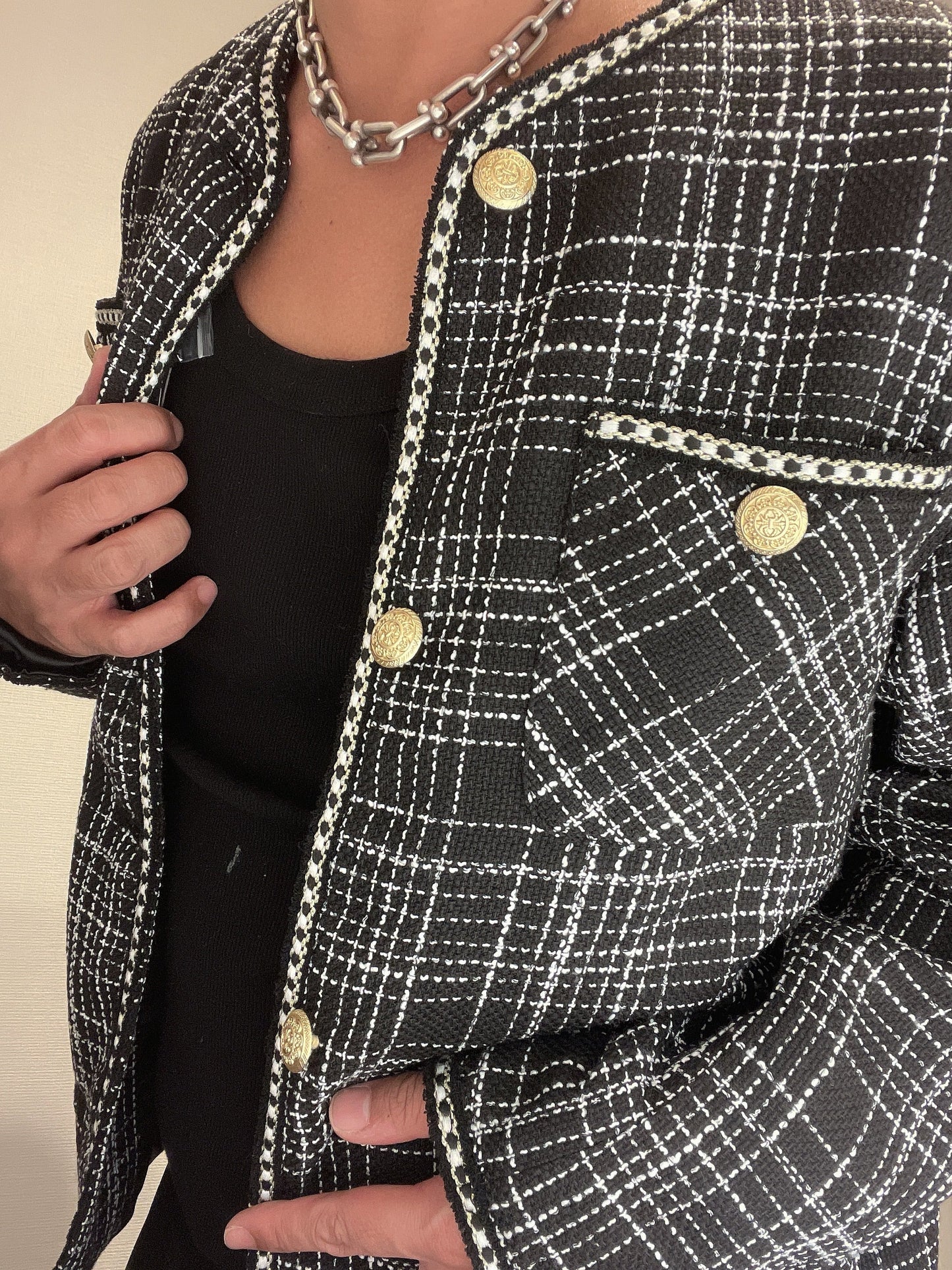 BARCON ノーカラーツイードジャケット