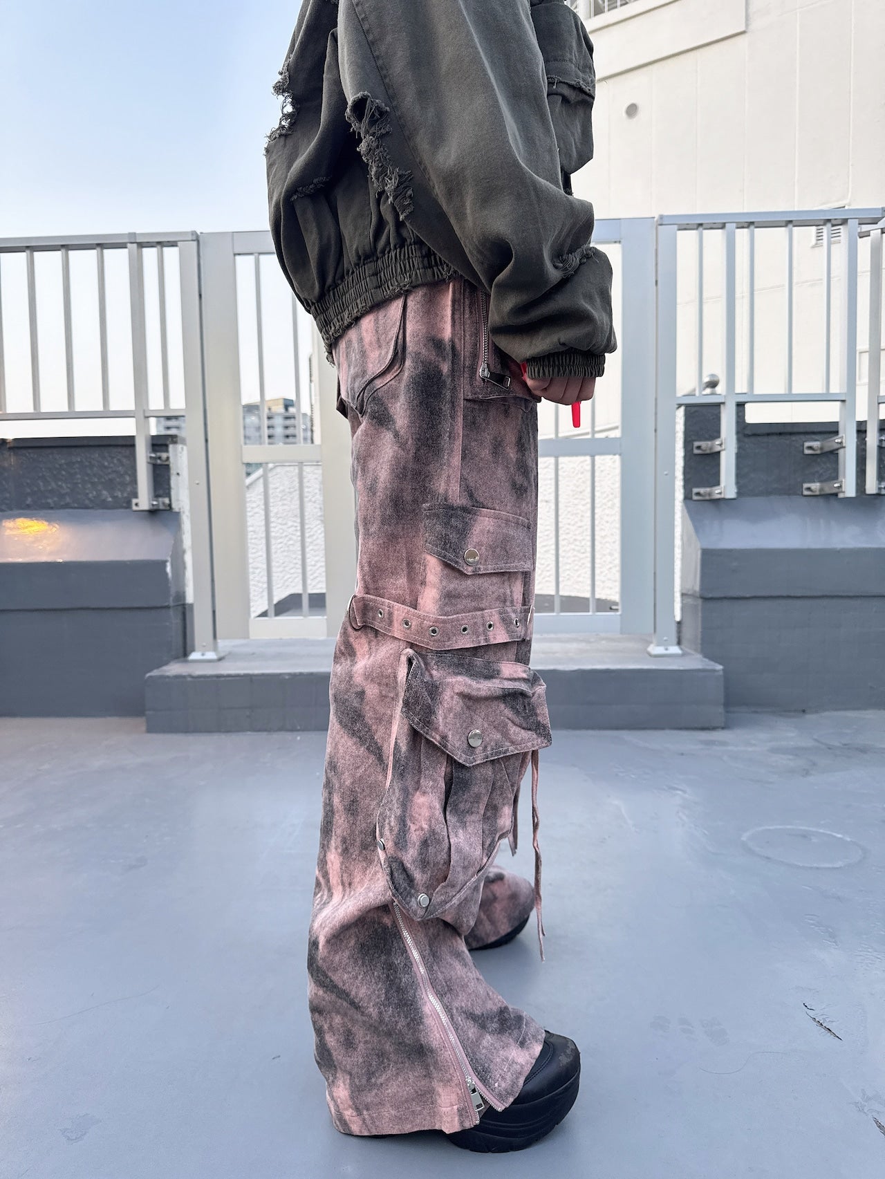 スプレーペイントデニムカーゴパンツ グランジ ストリート Y2K