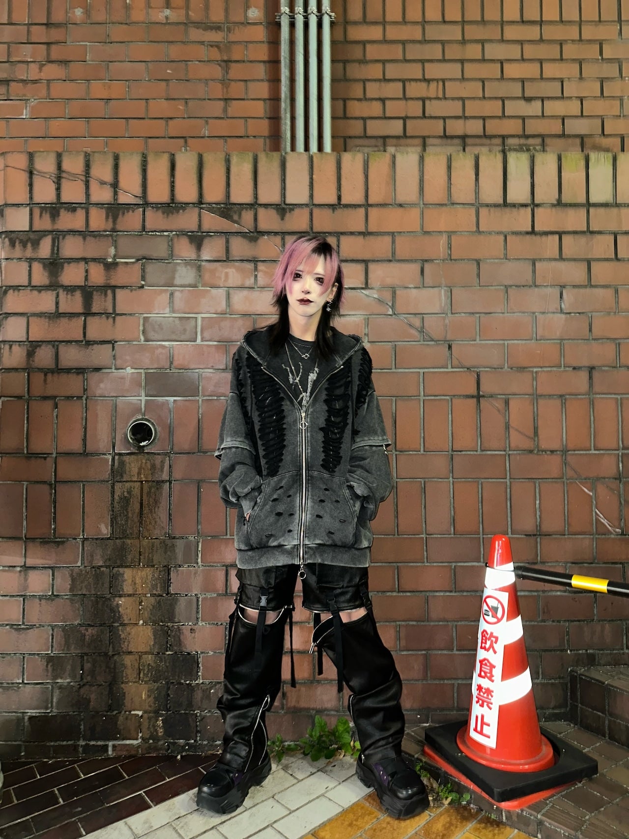 ダブルジップダメージパーカー（ロング）（ショート） サブカル 地雷 グランジ