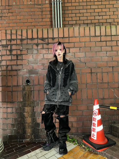ダブルジップダメージパーカー（ロング）（ショート） サブカル 地雷 グランジ