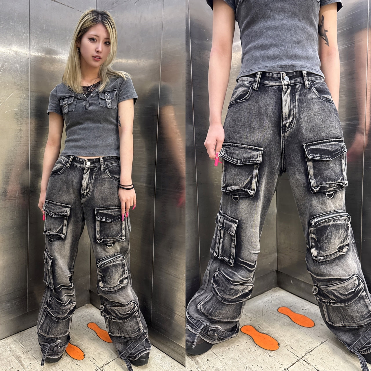 ウォッシュデニムカーゴパンツ サブカル サブスト グランジ