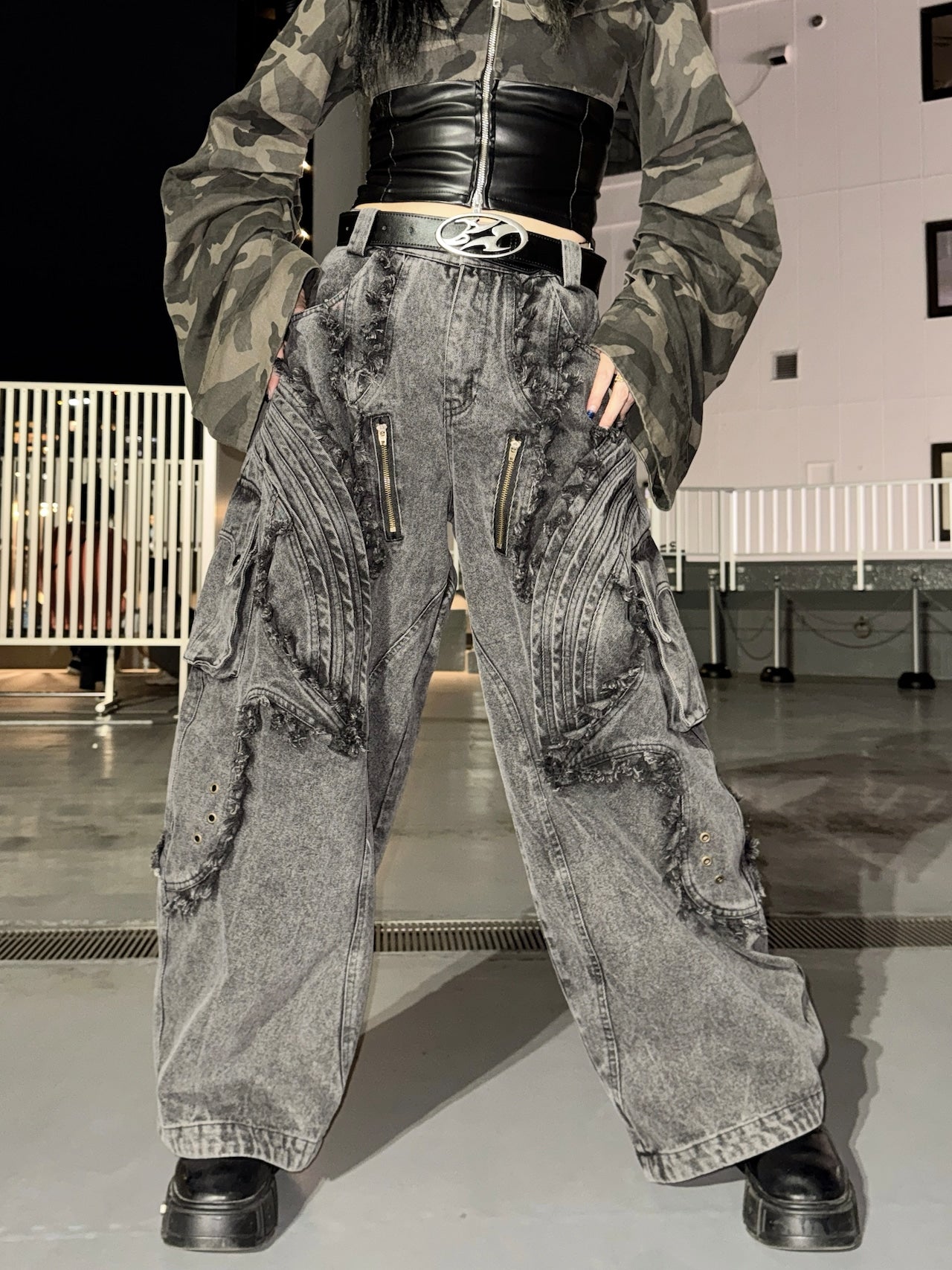 BARCON フリンジエッジテックデニムパンツ Y2K ストリート グランジ