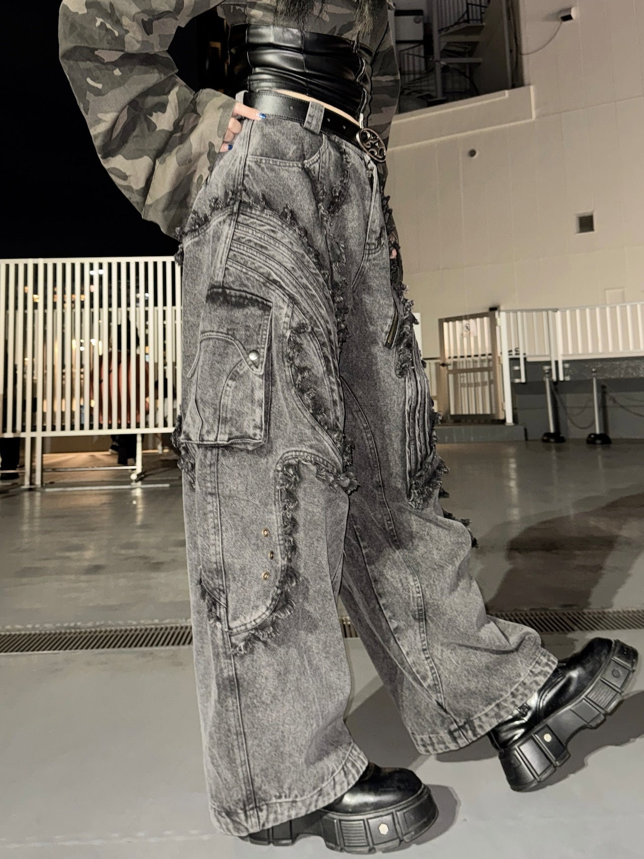 BARCON フリンジエッジテックデニムパンツ Y2K ストリート グランジ