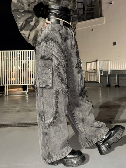 BARCON フリンジエッジテックデニムパンツ Y2K ストリート グランジ