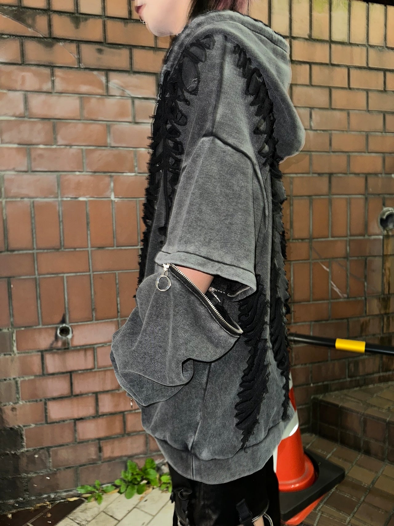 ダブルジップダメージパーカー（ロング）（ショート） サブカル 地雷 グランジ