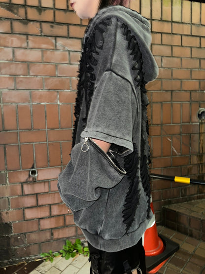 ダブルジップダメージパーカー（ロング）（ショート） サブカル 地雷 グランジ