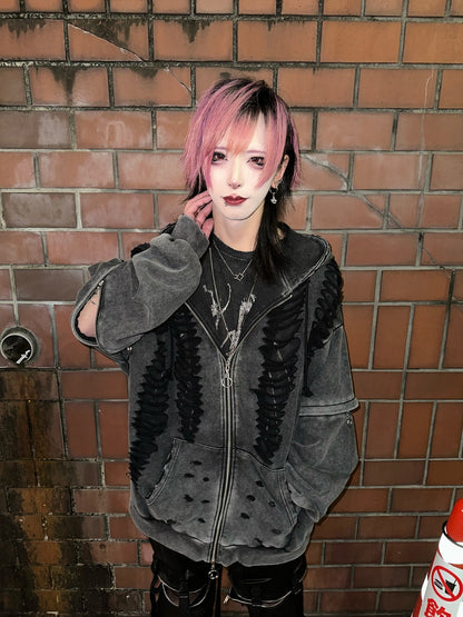 ダブルジップダメージパーカー（ロング）（ショート） サブカル 地雷 グランジ