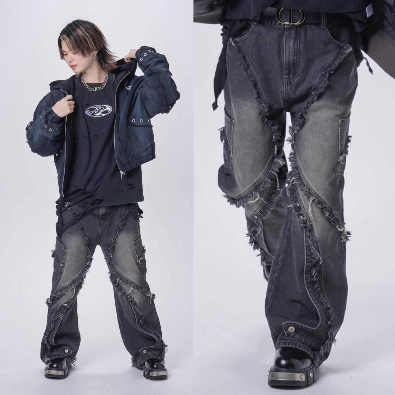 BARCON フリンジフレアデニムパンツ グランジ サブスト ストリート