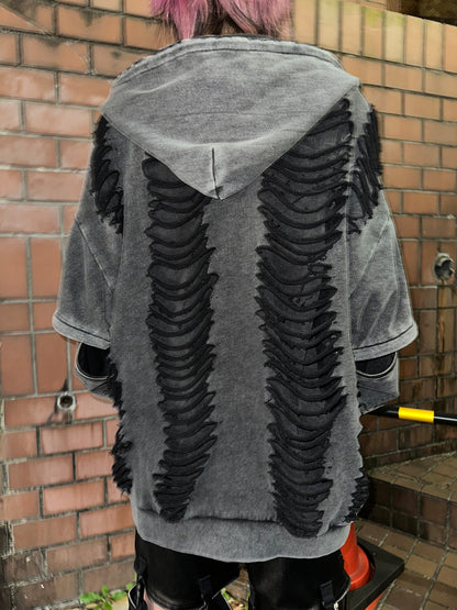 ダブルジップダメージパーカー（ロング）（ショート） サブカル 地雷 グランジ