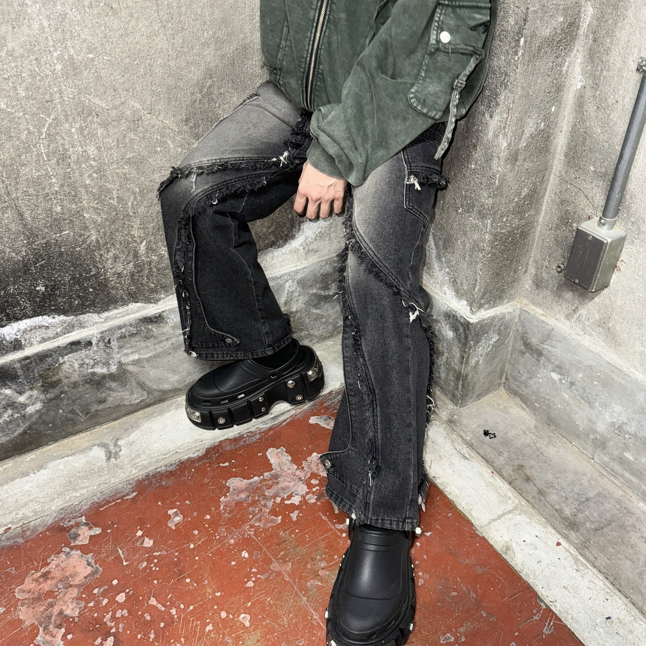 BARCON フリンジフレアデニムパンツ グランジ サブスト ストリート