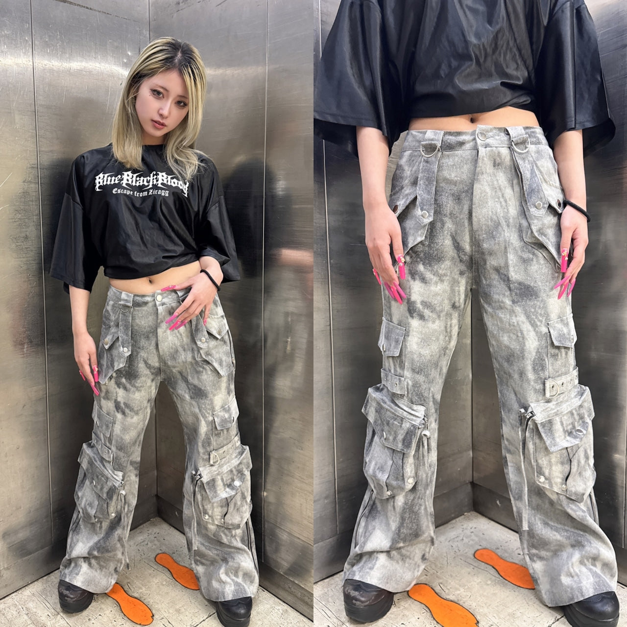 スプレーペイントデニムカーゴパンツ グランジ ストリート Y2K