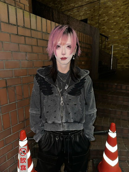 ダブルジップダメージパーカー（ロング）（ショート） サブカル 地雷 グランジ