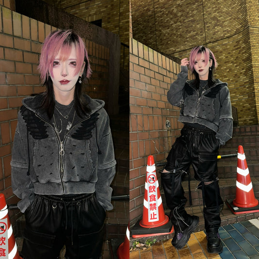 ダブルジップダメージパーカー（ロング）（ショート） サブカル 地雷 グランジ