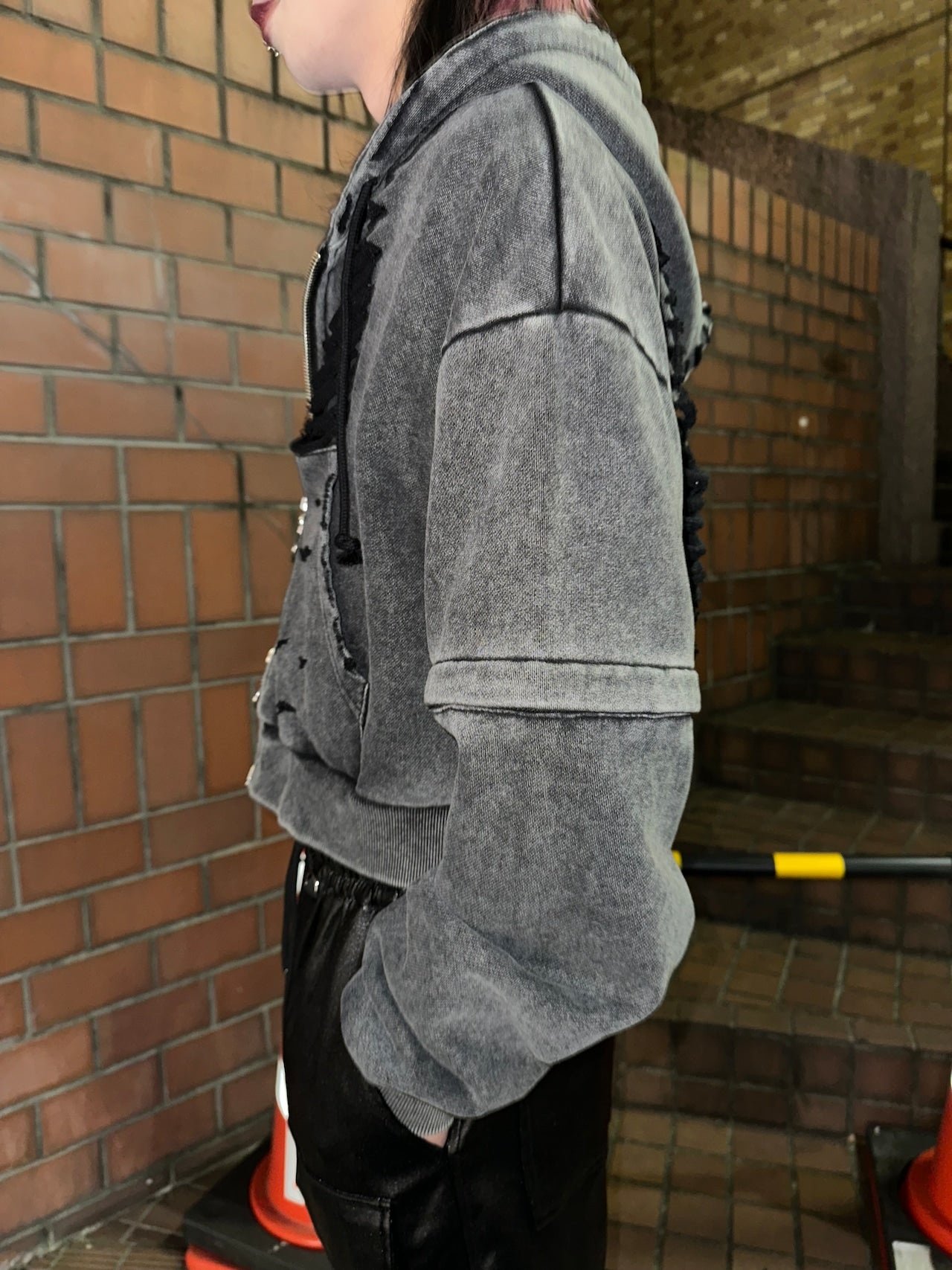 ダブルジップダメージパーカー（ロング）（ショート） サブカル 地雷 グランジ