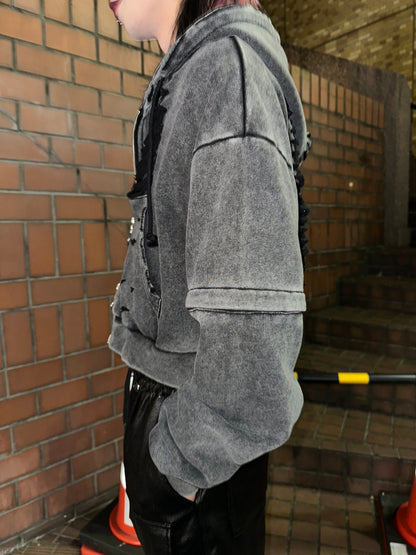 ダブルジップダメージパーカー（ロング）（ショート） サブカル 地雷 グランジ