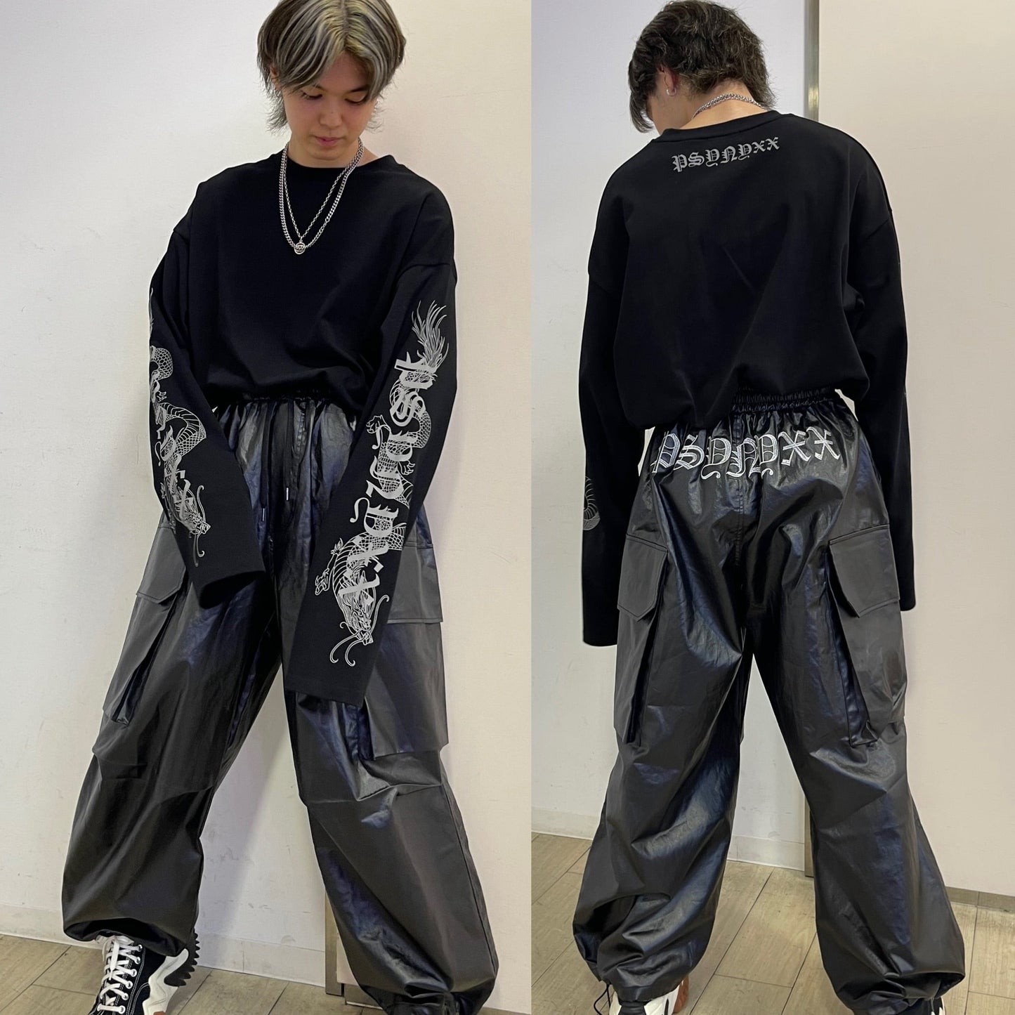 PSYNYXX 新作　刺繍コーティングワイドパンツ
