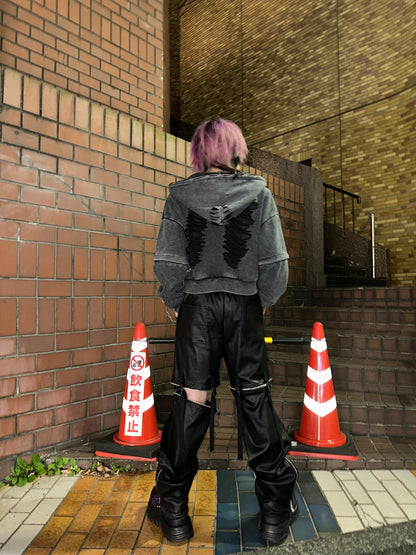 ダブルジップダメージパーカー（ロング）（ショート） サブカル 地雷 グランジ