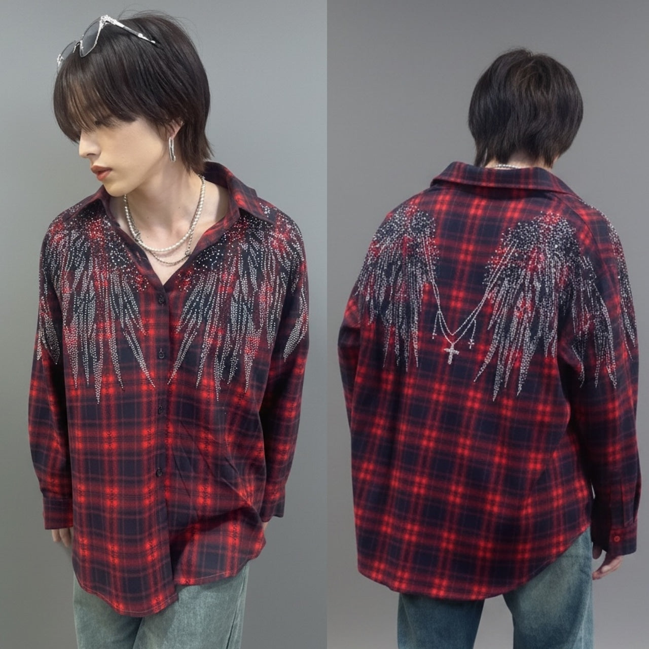 BARCON select ウイングクロスラインストーンチェックシャツ