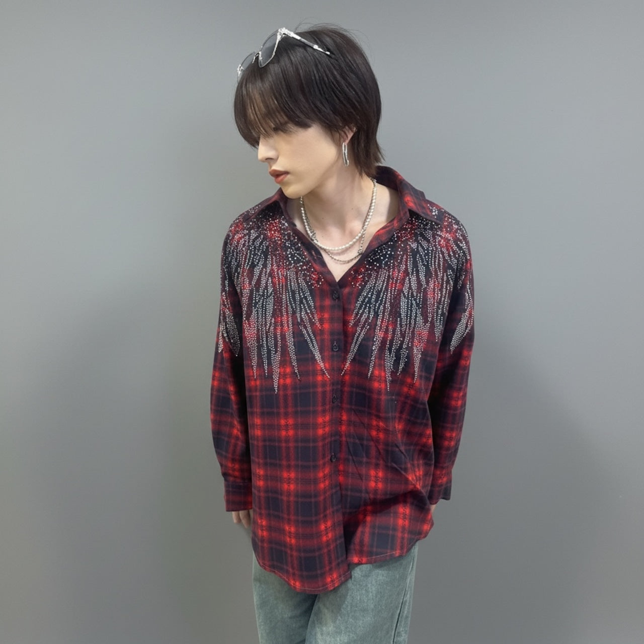 BARCON select ウイングクロスラインストーンチェックシャツ