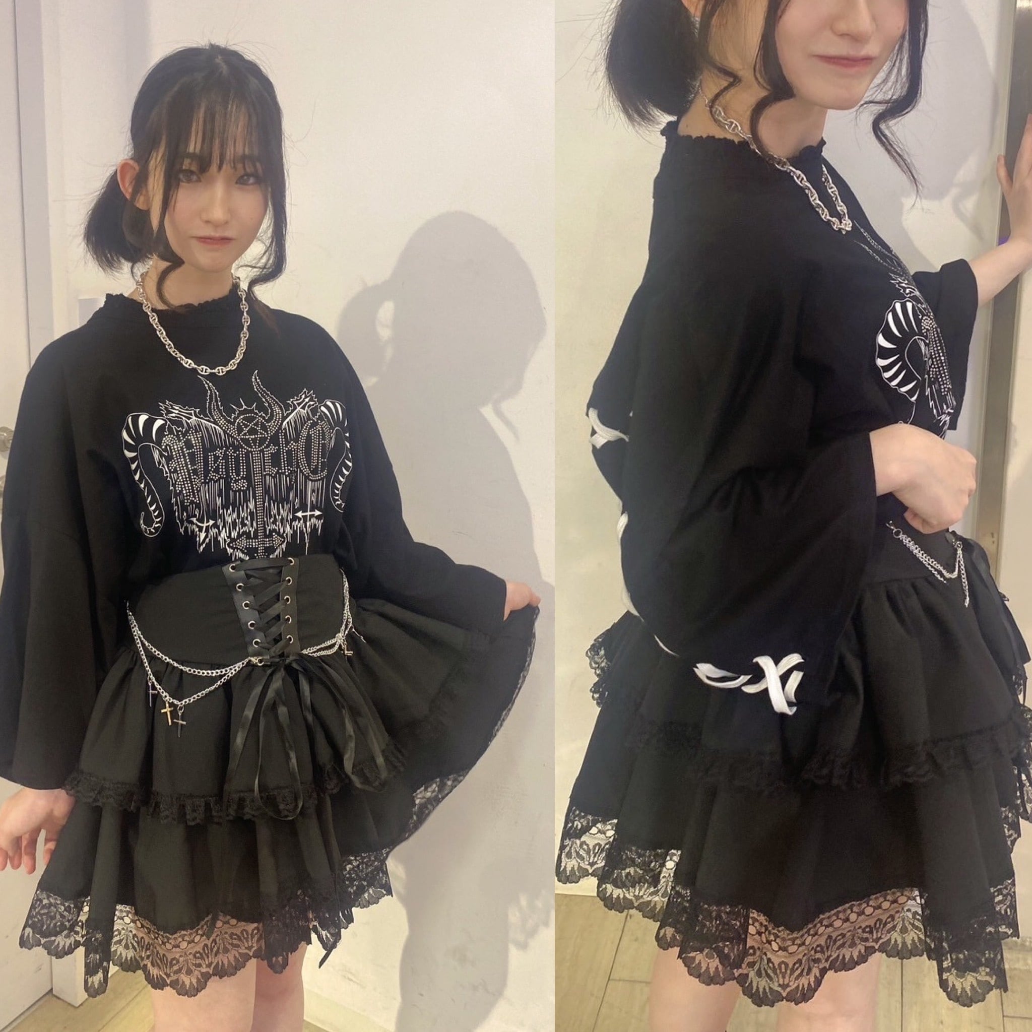 PSYNYXX クロスモチーフチェーン付プリーツレーススカート