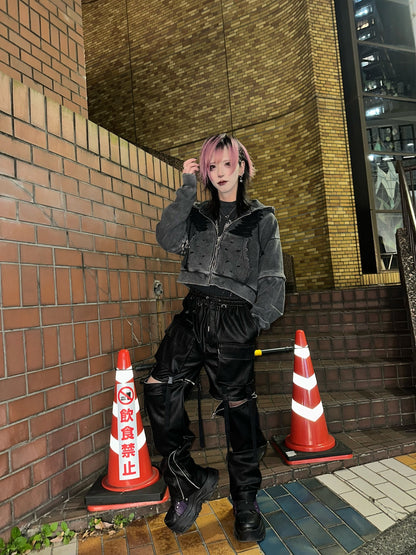 ダブルジップダメージパーカー（ロング）（ショート） サブカル 地雷 グランジ