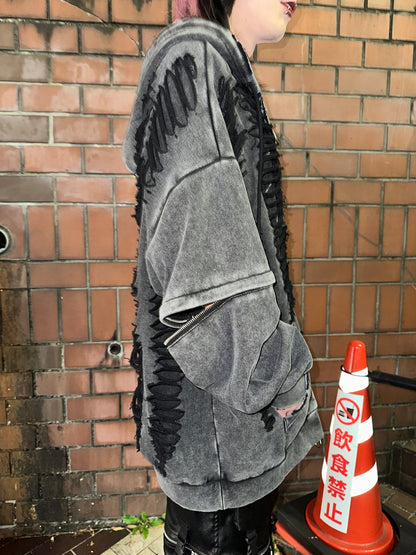 ダブルジップダメージパーカー（ロング）（ショート） サブカル 地雷 グランジ