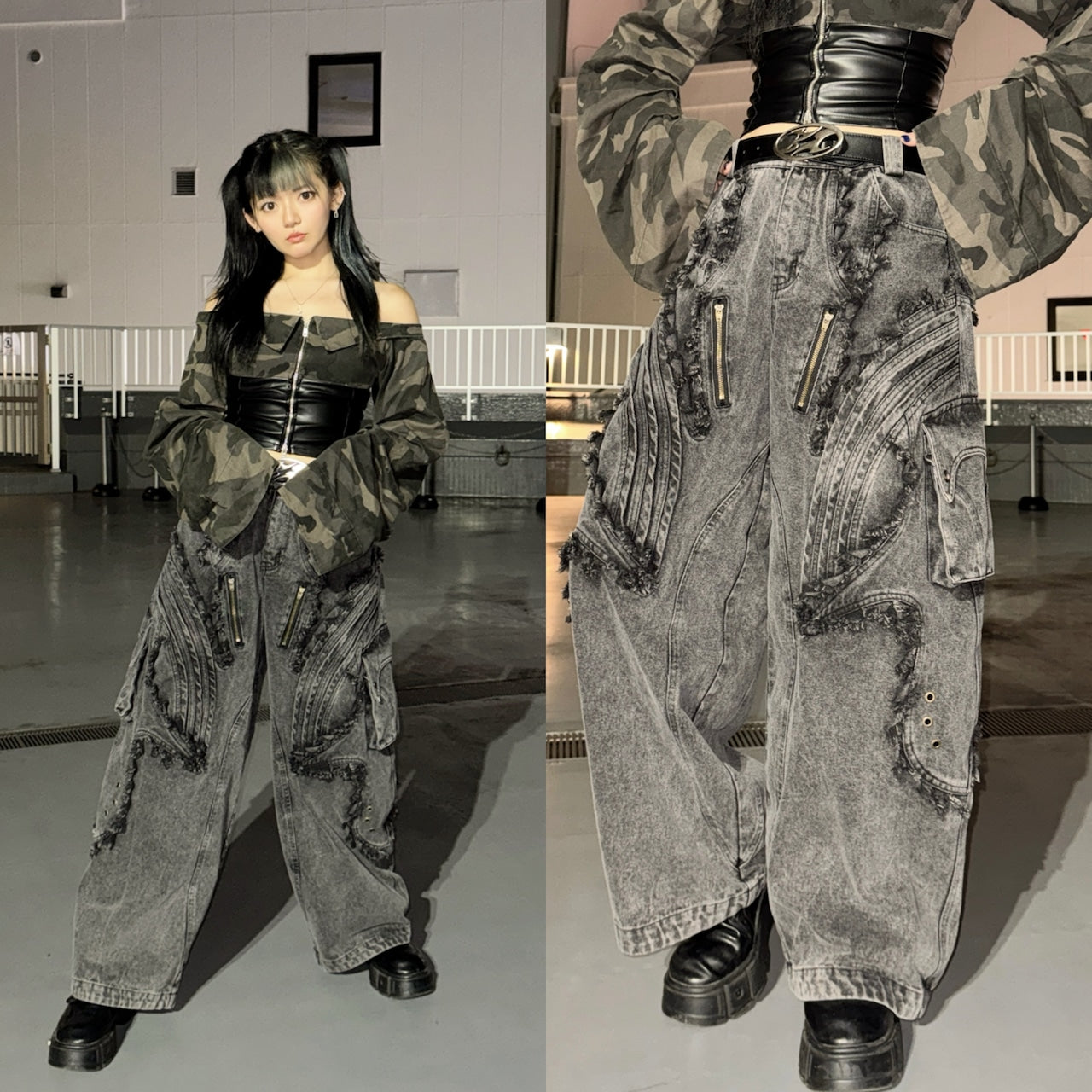 BARCON フリンジエッジテックデニムパンツ Y2K ストリート グランジ