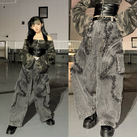 BARCON フリンジエッジテックデニムパンツ Y2K ストリート グランジ