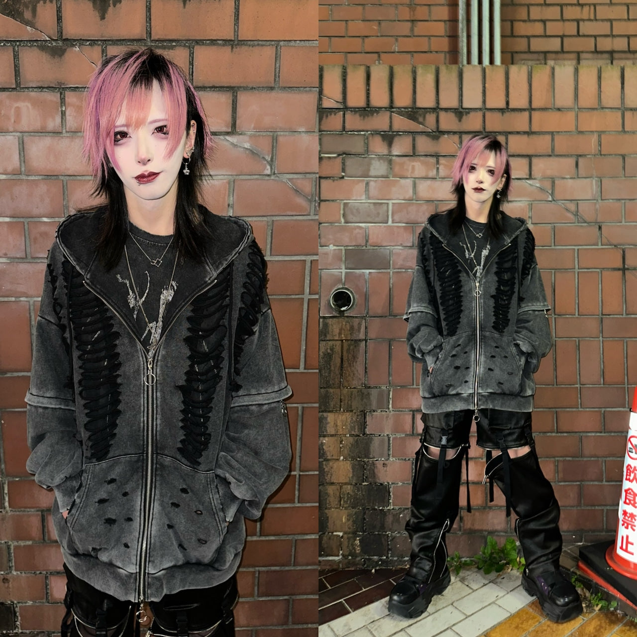 ダブルジップダメージパーカー（ロング）（ショート） サブカル 地雷 グランジ