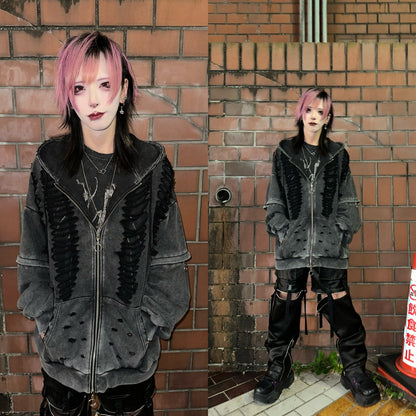 ダブルジップダメージパーカー（ロング）（ショート） サブカル 地雷 グランジ