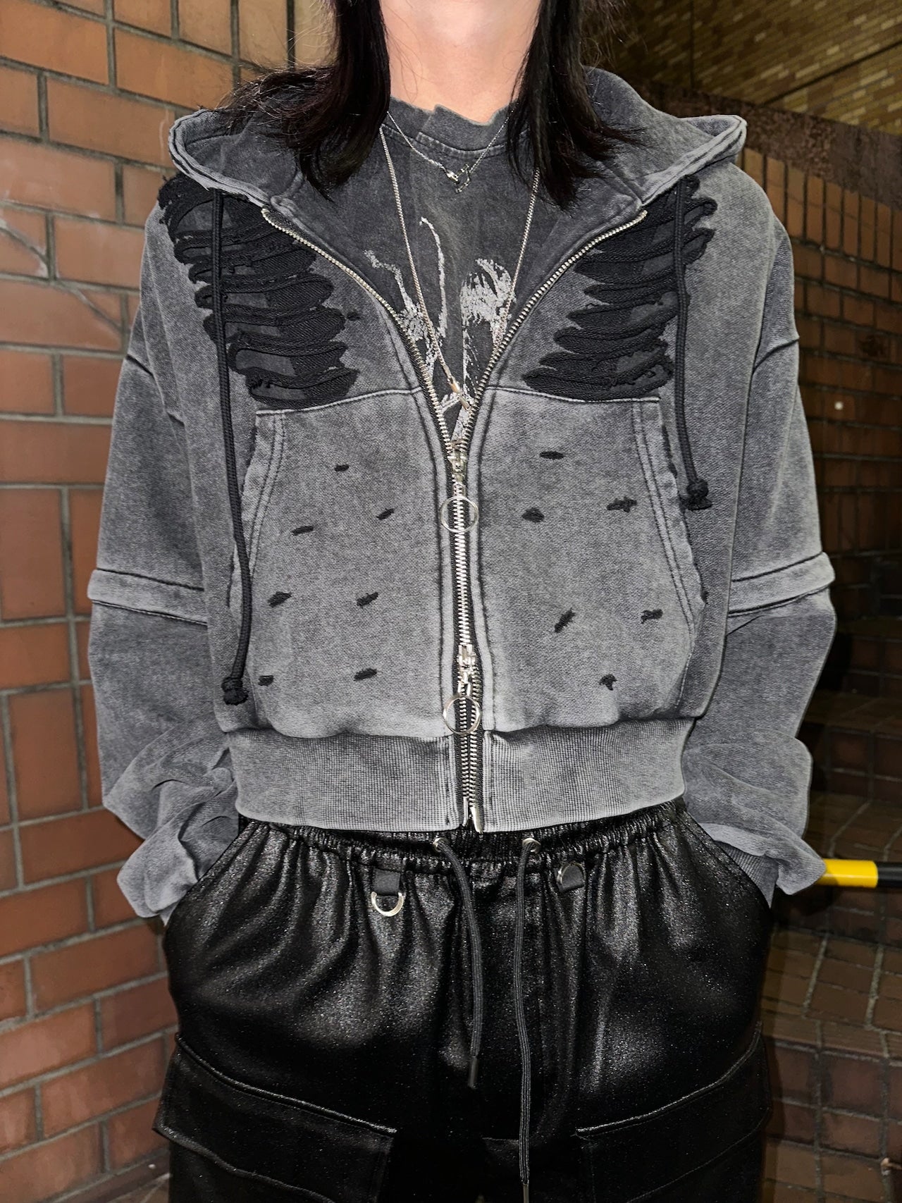 ダブルジップダメージパーカー（ロング）（ショート） サブカル 地雷 グランジ