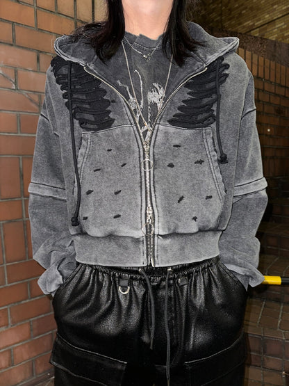 ダブルジップダメージパーカー（ロング）（ショート） サブカル 地雷 グランジ