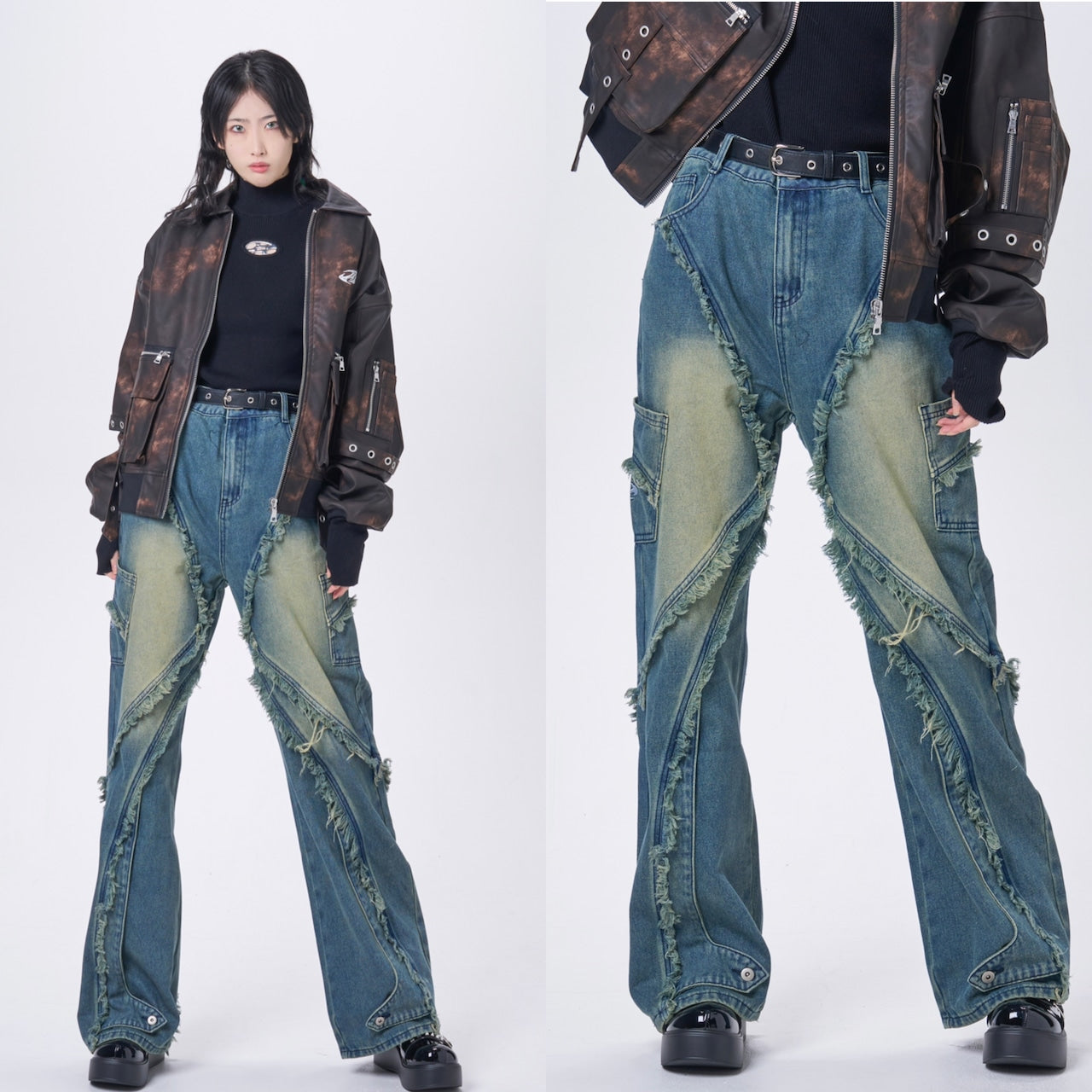 BARCON フリンジフレアデニムパンツ グランジ サブスト ストリート