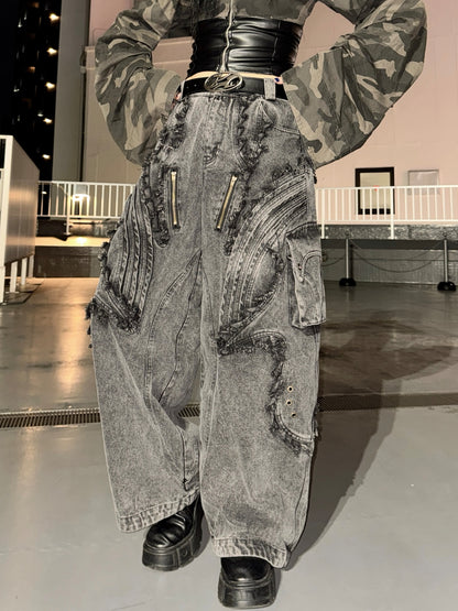 BARCON フリンジエッジテックデニムパンツ Y2K ストリート グランジ