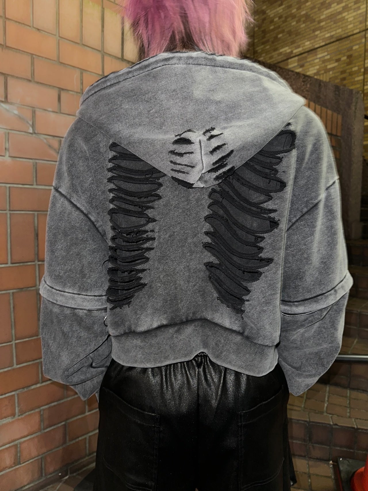 ダブルジップダメージパーカー（ロング）（ショート） サブカル 地雷 グランジ