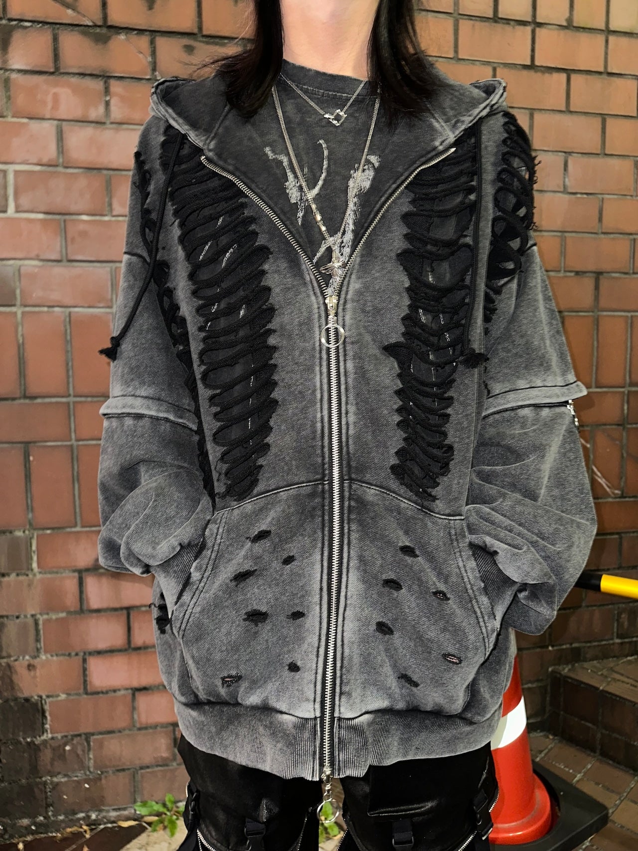 ダブルジップダメージパーカー（ロング）（ショート） サブカル 地雷 グランジ