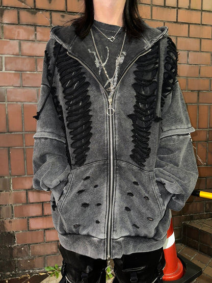 ダブルジップダメージパーカー（ロング）（ショート） サブカル 地雷 グランジ