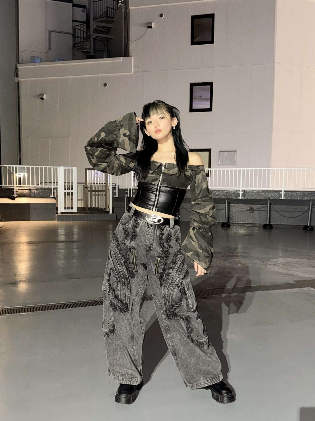 BARCON フリンジエッジテックデニムパンツ Y2K ストリート グランジ